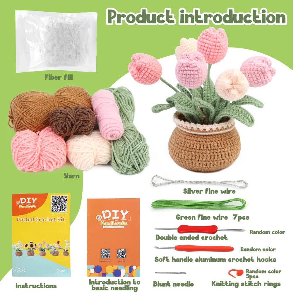 kgxulr Crochet Kit. Tulip Crochet Kit for Beginners. Knitting Kit | Beginner Crochet Kit. Crochet Flower Kit with Step-By-Step Video Tutorials. Beginner Crochet Kit for Adults - Image 2